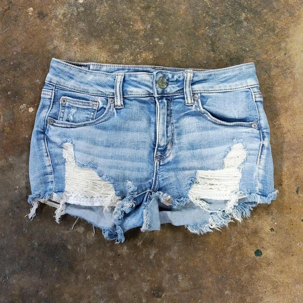 American Eagle Micro Shorts Women's 4 Shortie Low Rise Lace Pockets Frayed Denim
